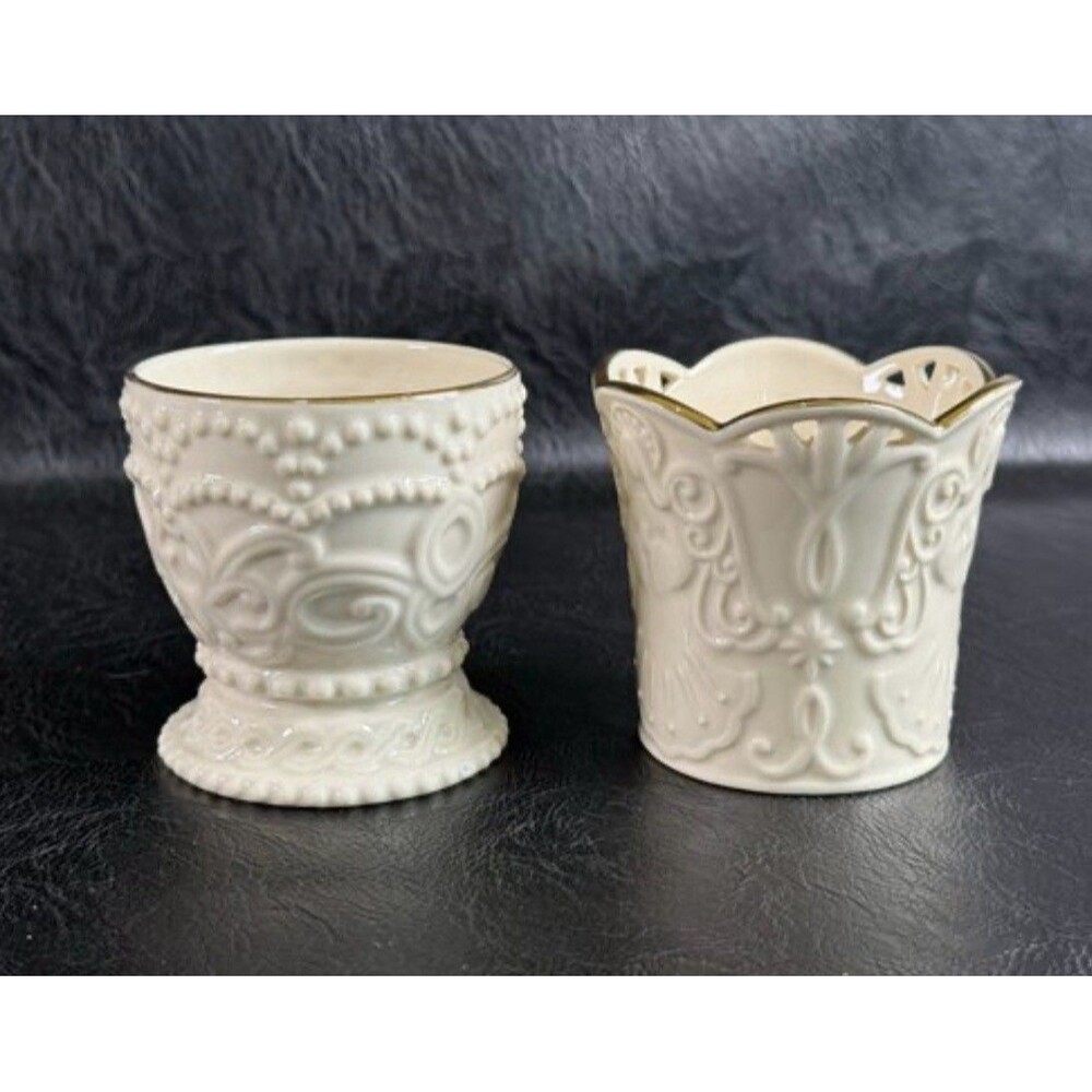 Lot 2 Lenox Ivory Porcelain Votive Candle Holders 24K Gold Trim Merry Light